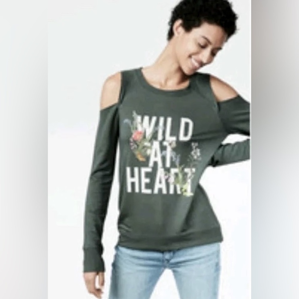 EXPRESS “Wild At Heart” grayish green cold shoulder top/sweatshirt size Small